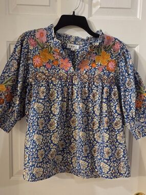 THML Blue Floral Embroidered Peasant Top
